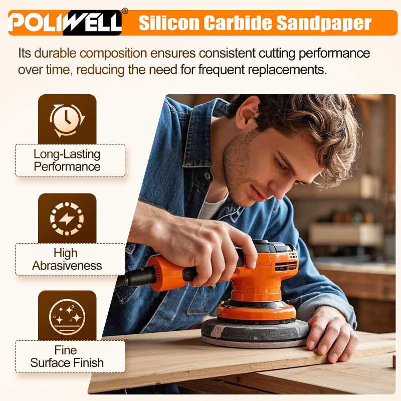 POLIWELL 6 Inch (150mm) 800 Grit Sanding Discs Waterproof Hook & Loop Heavy Duty Silicon Carbide Round Flocking Sandpaper for Wet/Dry Sanding Grinder Polishing Accessories, 20-Pack - Image 5